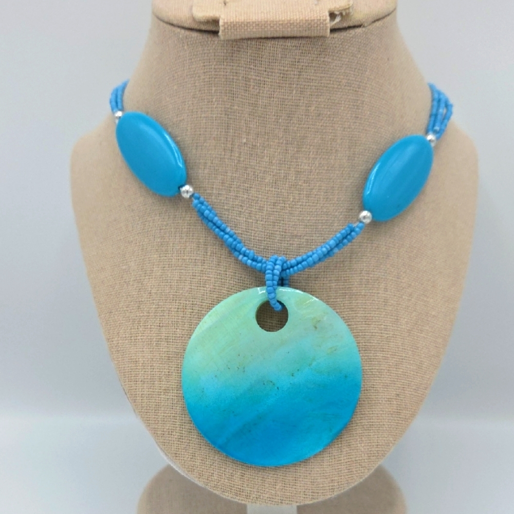 Blue Sea Bead Necklace with Large Shell Pendant
